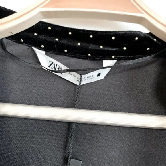 ZARA Black Velvet Shirt Dress With Tie-Waist and Tiny Gold Metal Grommets - Picture 10 of 11